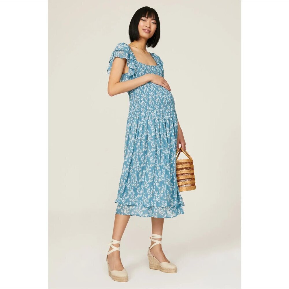 Hatch Cosette maternity smocked floral midi dress blue floral flutter sleeve XS